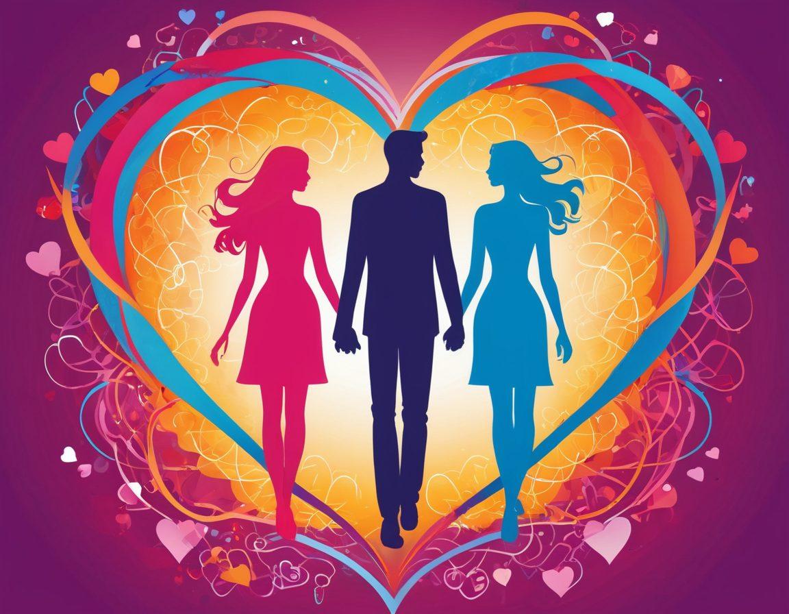 A vibrant, stylishly designed image of an elegantly dressed couple holding hands, with a background of intertwined hearts and infinity symbols representing love and open relationships. Subtle, tasteful depictions of other couples engaging in joyous social interactions, forming a supportive community. Vector art. vibrant colors. modern and inclusive.