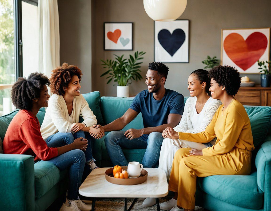 A diverse group of couples engaged in a warm, open conversation in a cozy, modern living room. The scene depicts trust and communication, with people smiling and holding hands, symbolizing supportive relationships. There's a subtle heart-shaped symbol in the background representing love and connection. vibrant colors. super-realistic.